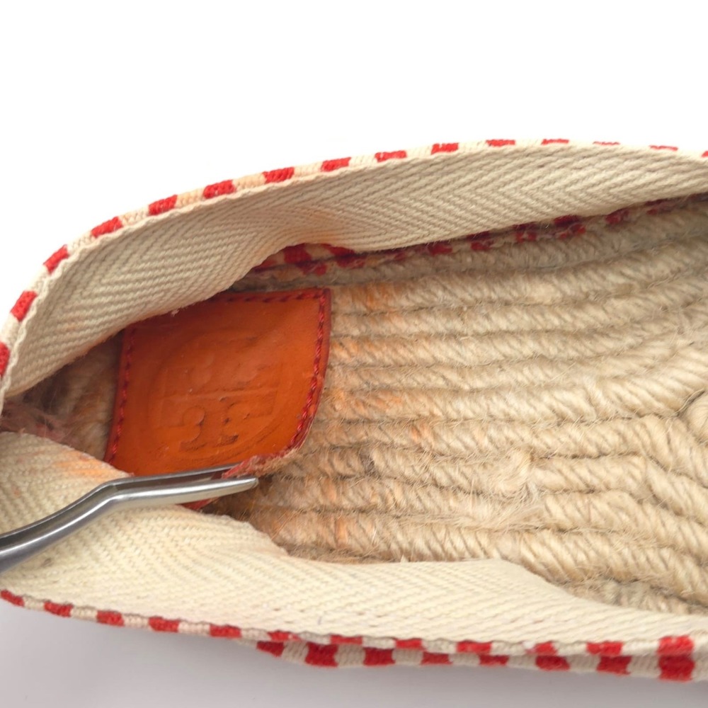 Tory Burch Striped Canvas Espadrilles Red Cream Logo Round Toe Flat Shoes 8 - Picture 7 of 10